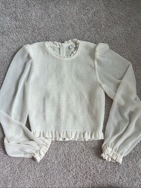 Aritzia Wilfred white smocked stretchy top with sheer sleeves ivory white blouse